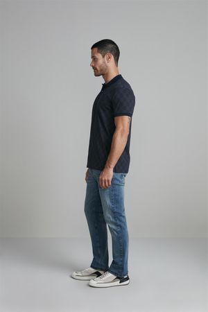 Camisa Polo Jacquard Slim Fit - Azul Marinho / Cinza Chumbo