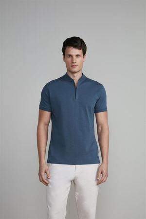 Camisa Polo Malha Slim Fit - Cinza Cobalto
