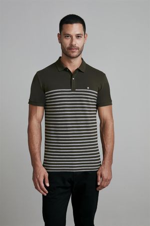 Camisa Polo Piquet Slim Fit - Verde Azeitona / Branco