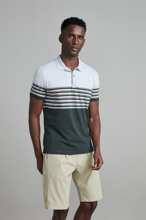 Camisa Polo Malha Slim Fit - Azul Celeste / Verde Floresta