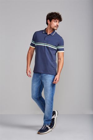Camisa Polo com Bolso Piquet Comfort - Azul Petróleo / Marrom Amêndoa