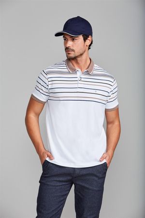 Camisa Polo Malha Comfort - Branco / Marrom Castanho