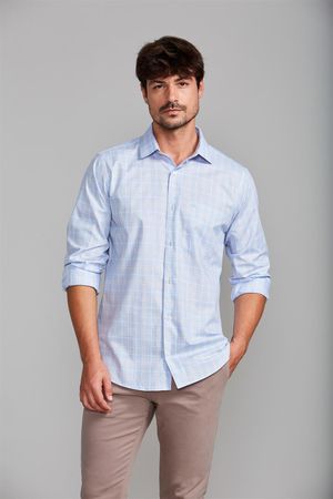 Camisa Manga Longa com Bolso Comfort Xadrez - Azul Claro