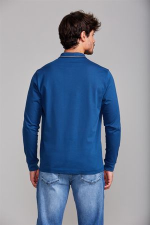 Camisa Polo Manga Longa Jacquard Comfort - Azul Noturno / Cinza Concreto