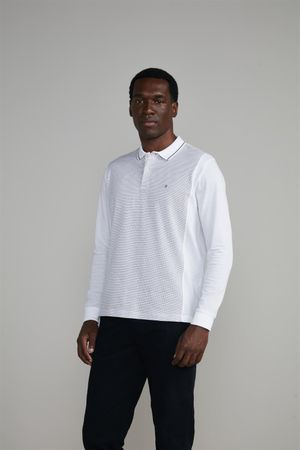 Camisa Polo Manga Longa Jacquard Comfort - Cinza Concreto / Branco