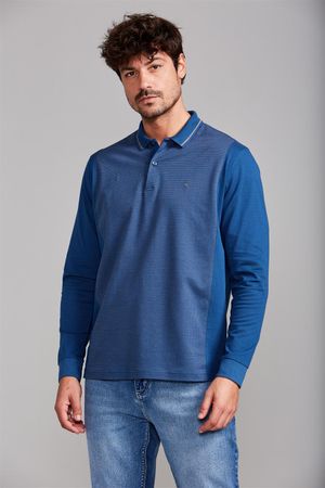 Camisa Polo Manga Longa Jacquard Comfort - Azul Noturno / Cinza Concreto