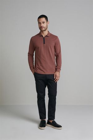 Camisa Polo Manga Longa com Zíper Piquet Comfort - Marrom Castanho