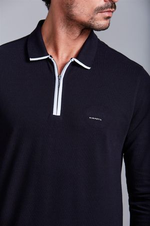 Camisa Polo Manga Longa com Zíper Piquet Comfort- Preto
