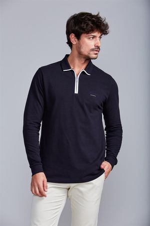 Camisa Polo Manga Longa com Zíper Piquet Comfort- Preto