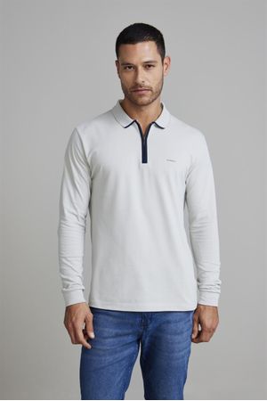 Camisa Polo Manga Longa com Zíper Piquet Comfort - Cinza