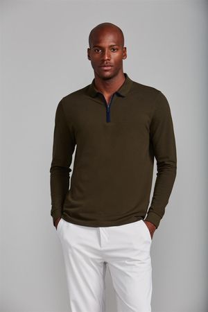 Camisa Polo Manga Longa com Zíper Piquet Comfort - Verde Azeitona
