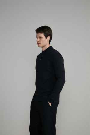 Camisa Polo Manga Longa Malha Slim Fit - Preto