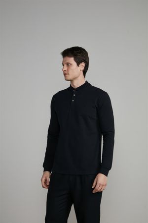 Camisa Polo Manga Longa Malha Slim Fit - Preto