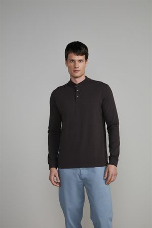 Camisa Polo Manga Longa Malha Slim Fit - Marrom