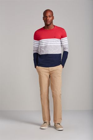 Camiseta Manga Longa Malha Slim Fit - Vermelho Rubi / Azul Marinho