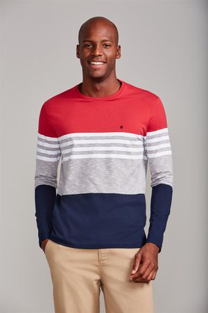 Camiseta Manga Longa Malha Slim Fit - Vermelho Rubi / Azul Marinho