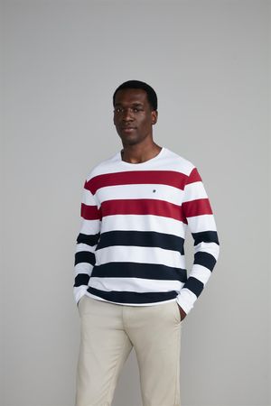 Camiseta Manga Longa Piquet Comfort - Branco / Azul Marinho