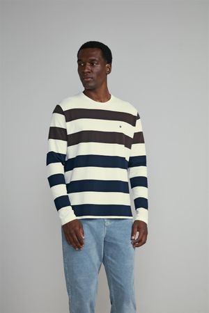 Camiseta Manga Longa Piquet Comfort - Bege Creme / Azul Marinho
