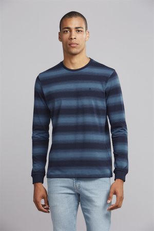 Camiseta Manga Longa Malha Slim Fit - Azul Marinho / Azul Médio