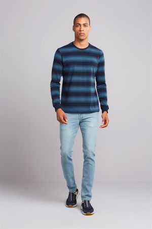 Camiseta Manga Longa Malha Slim Fit - Azul Marinho / Azul Médio