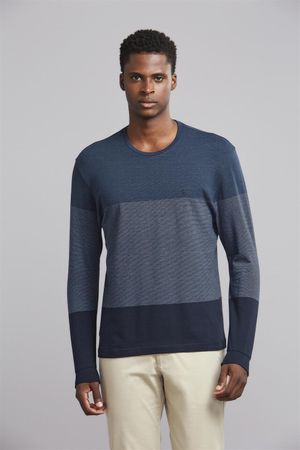 Camiseta Manga Longa Malha Comfort - Azul Marinho / Azul Médio