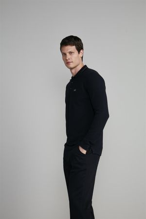 Camisa Polo Manga Longa Piquet Slim Fit - Preto