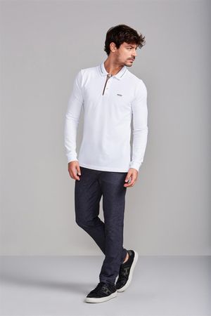 Camisa Polo Manga Longa Piquet Slim Fit - Branco