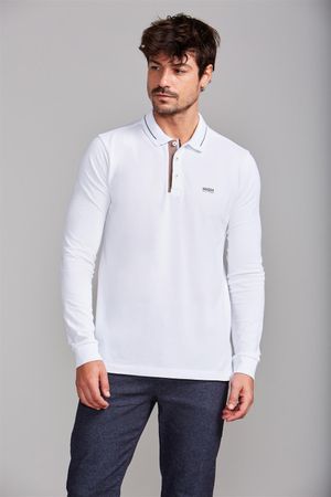 Camisa Polo Manga Longa Piquet Slim Fit - Branco