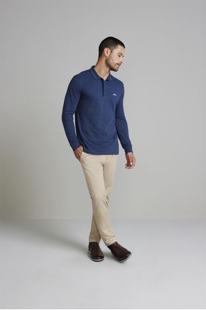 Camisa Polo Manga Longa Piquet Slim Fit - Azul Petróleo