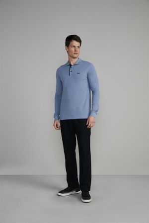 Camisa Polo Manga Longa Piquet Slim Fit - Azul Jeans