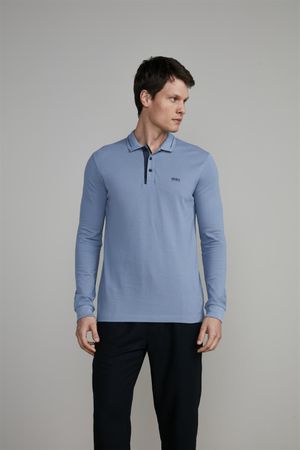 Camisa Polo Manga Longa Piquet Slim Fit - Azul Jeans