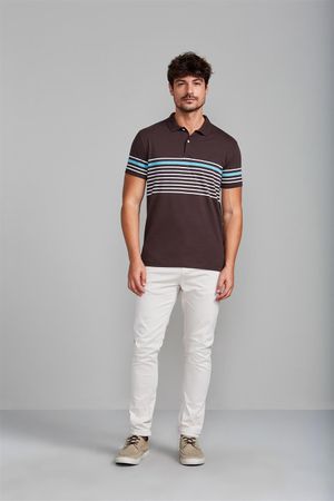 Camisa Polo Malha Slim Fit - Marrom / Branco