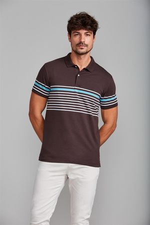 Camisa Polo Malha Slim Fit - Marrom / Branco