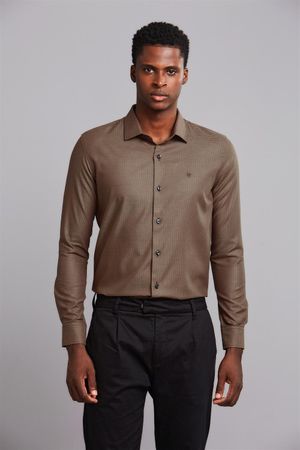 Camisa Manga Longa Microdesenhos Slim Fit - Amarelo Mostarda